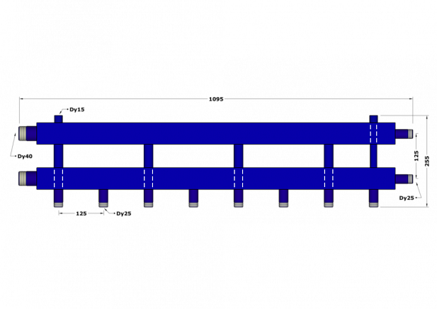 Коллектор DB40-U4+1.25.125, до 100 кВт, подача-обратка 1 1/2", потребители 1"